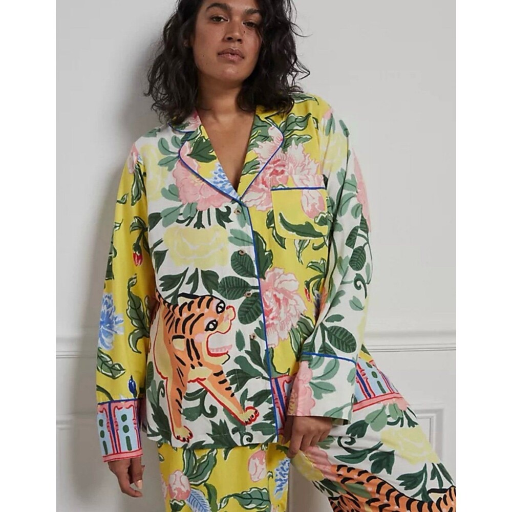 Anthropologie x Lil Sire Tigresa Yellow Tiger Flannel Pajama Top Medium NWT